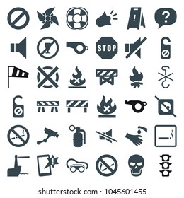 Warning icons. set of 36 editable filled warning icons such as smoking area, barrier, security camera, do not disturb, wet floor, welding glasses, important message, no drink