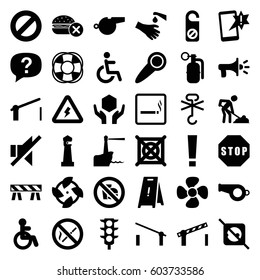 Warning icons set. set of 36 warning filled icons such as barrier, smoking area, disabled, lighthouse, no fast food, do not disturb, wet floor, no dry cleaning, digging man
