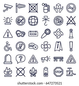 Warning icons set. set of 36 warning outline icons such as no smoking, wind cone, lighthouse, no fast food, siren, do not disturb, wet floor, no bleaching, barrier