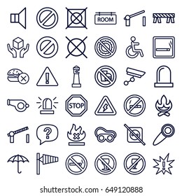 Warning icons set. set of 36 warning outline icons such as smoking area, wind cone, lighthouse, no fast food, siren, no dry cleaning, barrier, welding glasses, no smoking