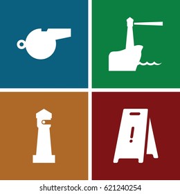 Warning icons set. set of 4 warning filled icons such as lighthouse, wet floor