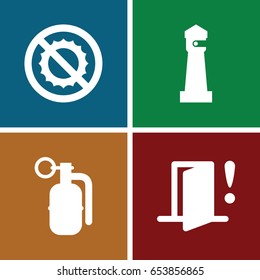 Warning icons set. set of 4 warning filled icons such as lighthouse, no brightness, door warning