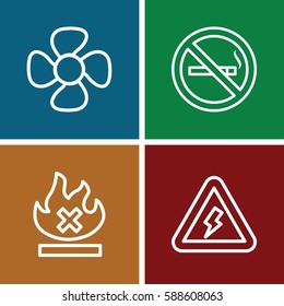 warning icons set. Set of 4 warning outline icons such as no smoking, no fire, fan