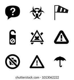 Warning icons. set of 9 editable filled warning icons such as do not disturb, exclamation, keep dry cargo, warning, no fast food, hazzard, wind cone