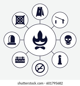 warning icons set. Set of 9 warning filled icons such as barrier, lighthouse, wet floor, no dry cleaning, room tag, siren, skull, bonfire