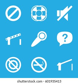 warning icons set. Set of 9 warning filled icons such as no smoking, no brightness, fan, prohibited, no sound, barrier, road barrier, door knob