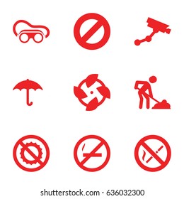 Warning icons set. set of 9 warning filled icons such as security camera, welding glasses, digging man, keep dry cargo, no brightness, no smoking, fan