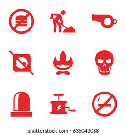 Warning icons set. set of 9 warning filled icons such as digging man, siren, dynamite, skull, no plug, bonfire, no fast food, no smoking