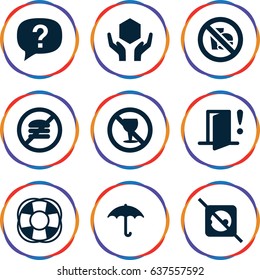 Warning icons set. set of 9 warning filled icons such as no alcohol, keep dry cargo, handle with care, fan, door warning, no fast food, exclamation