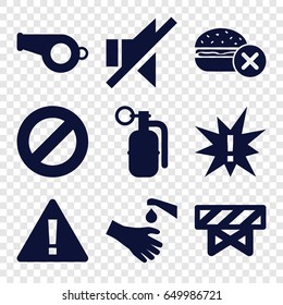 Warning icons set. set of 9 warning filled icons such as barrier, no fast food, hands washing, no sound, dynamite, exclamation, warning, prohibited
