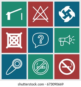 Warning icons set. set of 9 warning filled and outline icons such as no smoking, no dry cleaning, barrier, no bleaching, door knob, megaphone, fan