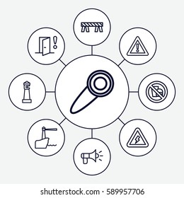 warning icons set. Set of 9 warning outline icons such as lighthouse, barrier, door knob, megaphone