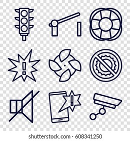 Warning icons set. set of 9 warning outline icons such as no brightness, fan, traffic light, no sound, barrier, security camera, exclamation