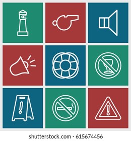 Warning icons set. set of 9 warning outline icons such as lighthouse, wet floor, no smoking, no alcohol, warning, fan, megaphone, siren