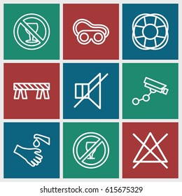 Warning icons set. set of 9 warning outline icons such as Security camera, no bleaching, barrier, welding glasses, no alcohol, hands washing