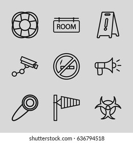 Warning icons set. set of 9 warning outline icons such as wind cone, security camera, wet floor, fan, room tag, door knob, megaphone, hazzard