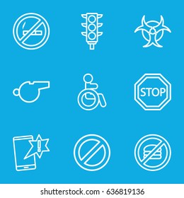Warning icons set. set of 9 warning outline icons such as disabled, traffic light, prohibited, stop, hazzard, whistle, important message, no fast food