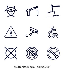 Warning icons set. set of 9 warning outline icons such as security camera, no dry cleaning, no smoking, disabled, road barrier, warning, lighthouse, hazzard