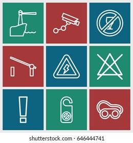 Warning icons set. set of 9 warning outline icons such as barrier, security camera, do not disturb, no bleaching, welding glasses, voltage warning, lighthouse
