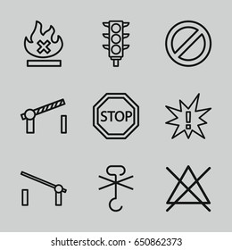 Warning icons set. set of 9 warning outline icons such as barrier, no bleaching, no fire, no cargo warning, traffic light, prohibited, road barrier, stop