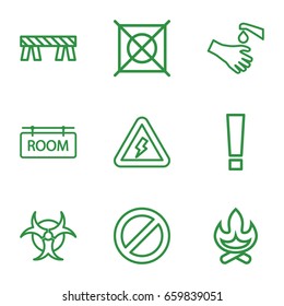 Warning icons set. set of 9 warning outline icons such as no dry cleaning, barrier, hands washing, prohibited, room tag, voltage warning, hazzard, exclamation point