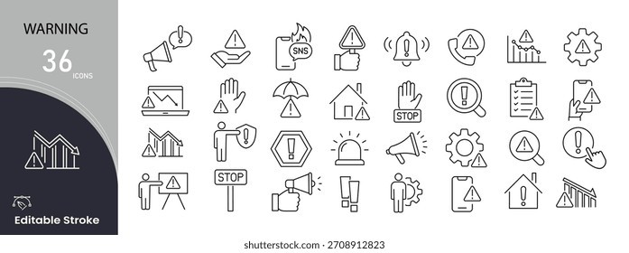 Warnsymbole für Alarm-, Gefahr-, Vorsichts-, Signal-, Gefahren-, Notfall- und Sicherheitszeichen. Bearbeitbarer Strich.