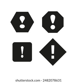 Iconos de advertencia establecidos. Blanco y negro. Varias Formas. Ilustración vectorial.