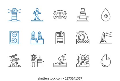 warning icons set. Collection of warning with fire, hurricane, burner, lighthouse, tsunami, cigarettes, earthquake, speaker, alcohol, traffic cone. Editable and scalable warning icons.
