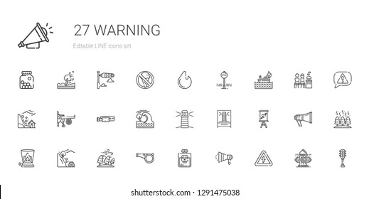 warning icons set. Collection of warning with high voltage, megaphone, poison, whistle, hurricane, landslide, burner, sign, lighthouse, tsunami. Editable and scalable warning icons.