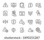 Warning icons set. Collection of linear simple web icons such as Exclamation Mark, Warning Sign, Security, Error, Attack, Stop, Notification and others. Editable vector stroke.