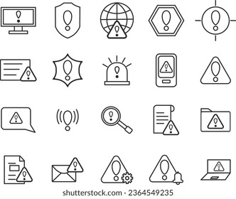 Warning icons set. Collection of linear simple web icons such as Exclamation Mark, Warning Sign, Security, Error, Attack, Stop, Notification and others. Editable vector stroke.
