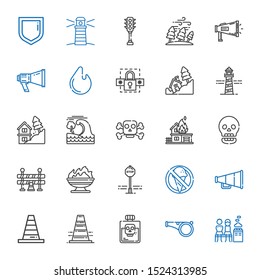 warning icons set. Collection of warning with men only, whistle, poison, traffic cone, cone, speaker, no food, stop sign, fire, traffic barrier. Editable and scalable warning icons.