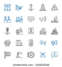 warning icons set. Collection of warning with risk, spider, sign, lighthouse, wrong way, megaphone, speaker, wet floor, fire, hurricane, landslide. Editable and scalable warning icons.