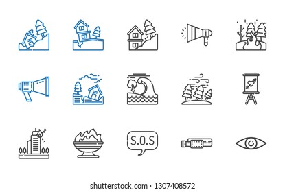 warning icons set. Collection of warning with security, belt, sos, fire, sign, hurricane, tsunami, earthquake, megaphone, landslide. Editable and scalable warning icons.