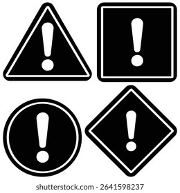 Warning Icons Set, Exclamation Mark Symbols in Triangle, Circle, Square, and Diamond Shapes.