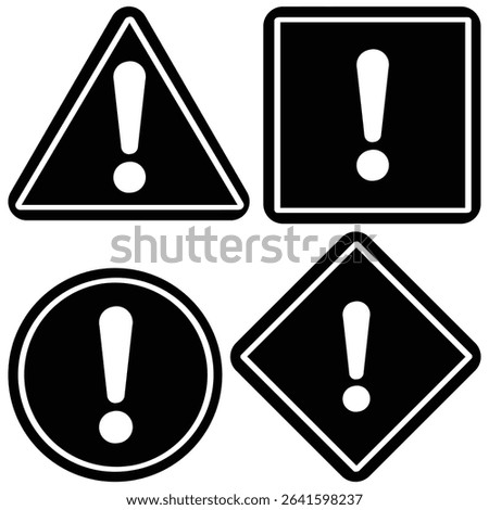Warning Icons Set, Exclamation Mark Symbols in Triangle, Circle, Square, and Diamond Shapes.