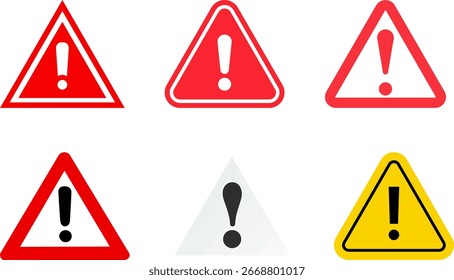 Conjunto de iconos de advertencia con signo de exclamación en triángulo | Colección de signos de precaución para seguridad, peligros y alertas