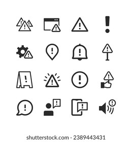 Warning icons set. Warning sign, important information, caution! Hazard or risk. Precautions and follow the instructions. Visual signal to attract attention. Black and white style