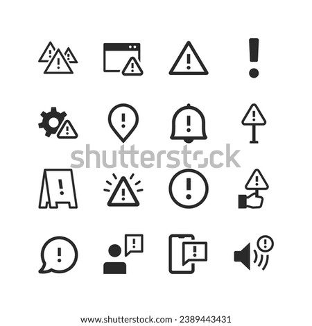 Warning icons set. Warning sign, important information, caution! Hazard or risk. Precautions and follow the instructions. Visual signal to attract attention. Black and white style