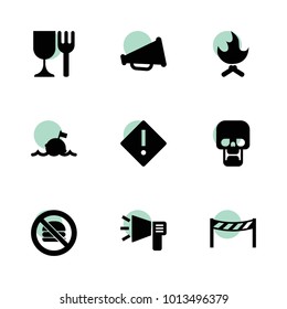 Warning icons. vector collection filled warning icons set.. includes symbols such as megaphone, road barrier, warning, skull, no fast food. use for web, mobile and ui design.