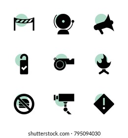 Warning icons. vector collection filled warning icons set.. includes symbols such as need cleaning, security camera, school bell. use for web, mobile and ui design.