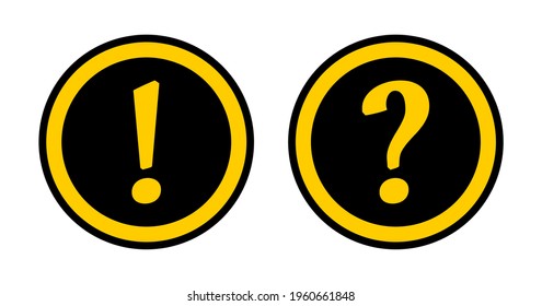 Warning and Info Black and Yellow Flat Round Icon Set with Exclamation Mark and Question Mark Symbol. Vector Image.