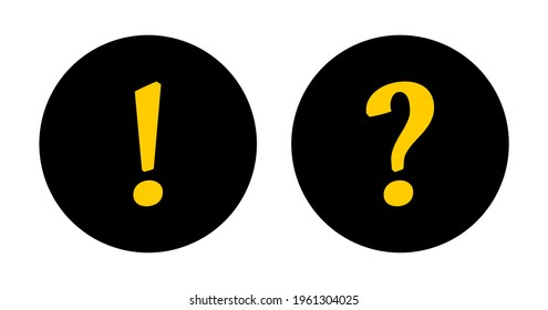 Warning and Info Black and Yellow Flat Round Icon Set with Exclamation Mark and Question Mark Symbol. Vector Image.