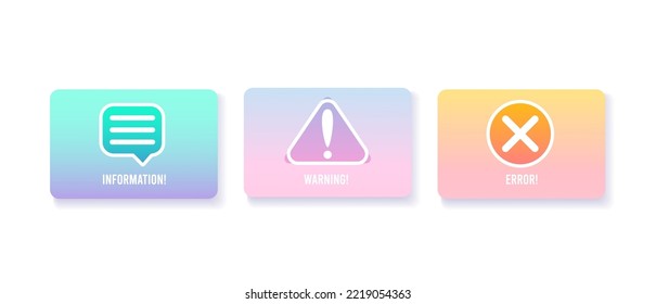 Warning, info and error pop up messages for mobile ui design. Alert notification box for web interface. Vector template in minimal style