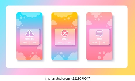 Warning, info and error pop up messages for mobile ui design. Alert notification box with buttons for web interface. Vector template in minimal style