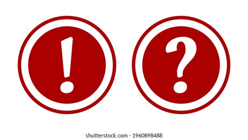 Warning and Info Red and White Flat Round Icon Set with Exclamation Mark and Question Mark Symbol. Vector Image.