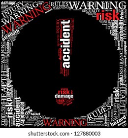 Warning info text question word cloud concept with exclamation mark. Word cloud, tag cloud text business concept. Word collage. Vector illustration.