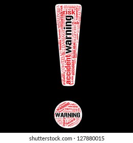 Warning info text question word cloud concept with exclamation mark. Word cloud, tag cloud text business concept. Word collage. Vector illustration.