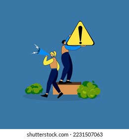 warning information  breaking news with exclamation mark ,instant message communication ,Warning and caution concept , Businessman announcing on megaphone.