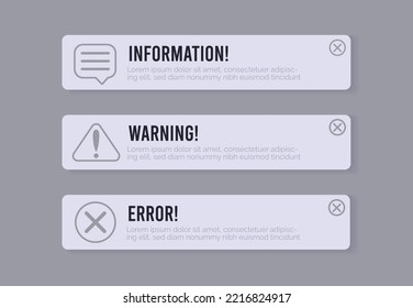 Warning, information and error popup messages for mobile app design. Alert ui box for web interface. Vector illustration